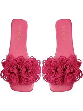 Women's 3D Floral Flat Sandals Hot Pink Square Open Toe PU Leather Slip on Slide